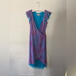 Vintage y2k Nanette Lepore 100% Silk Blue Pink Floral Wrap Dress Sz 2 Fairy